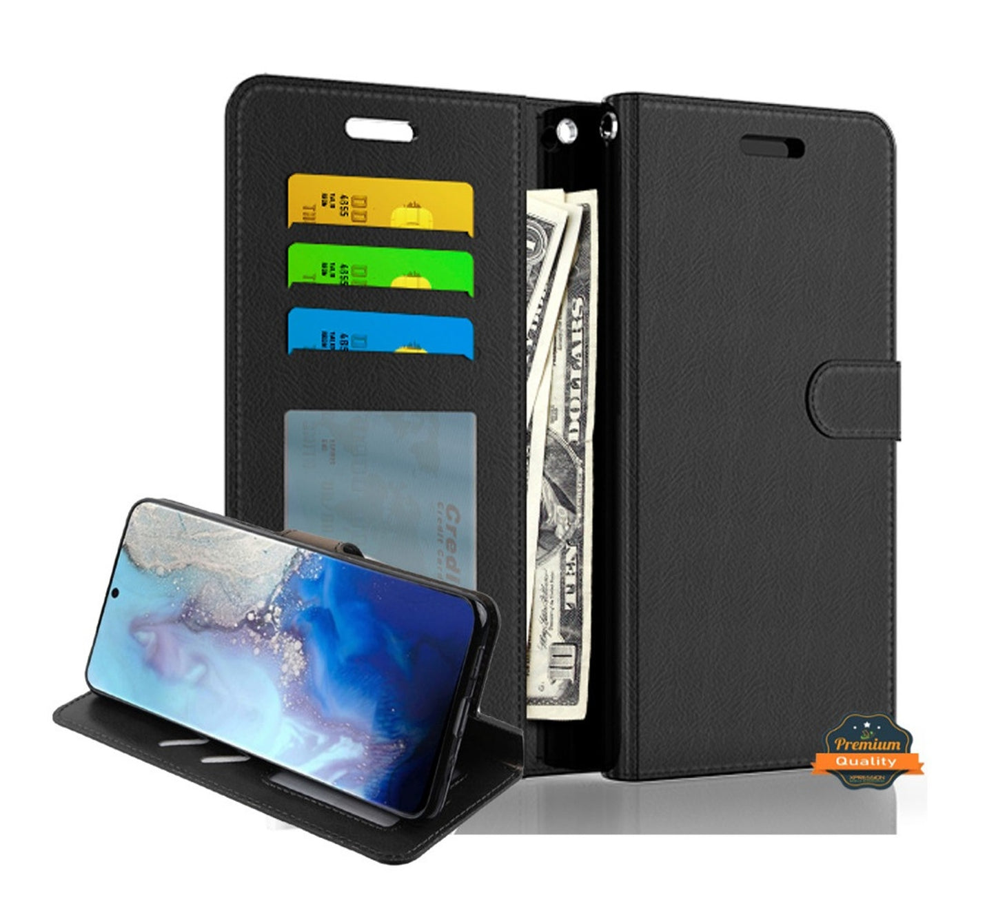 For Motorola Moto G 5G 2022 Wallet PU Leather Pouch with Credit Card Slots ID Money Pocket, Stand & Strap Flip Protective Black Phone Case Cover