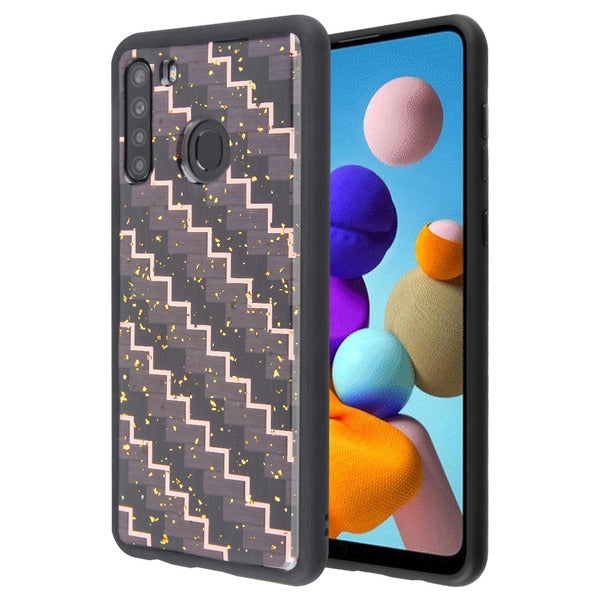 For Samsung Galaxy A21 Stylish Design Hybrid Rubber TPU Hard PC Shockproof Armor Rugged Slim Fit Carbon Fiber Texture Black Phone Case Cover