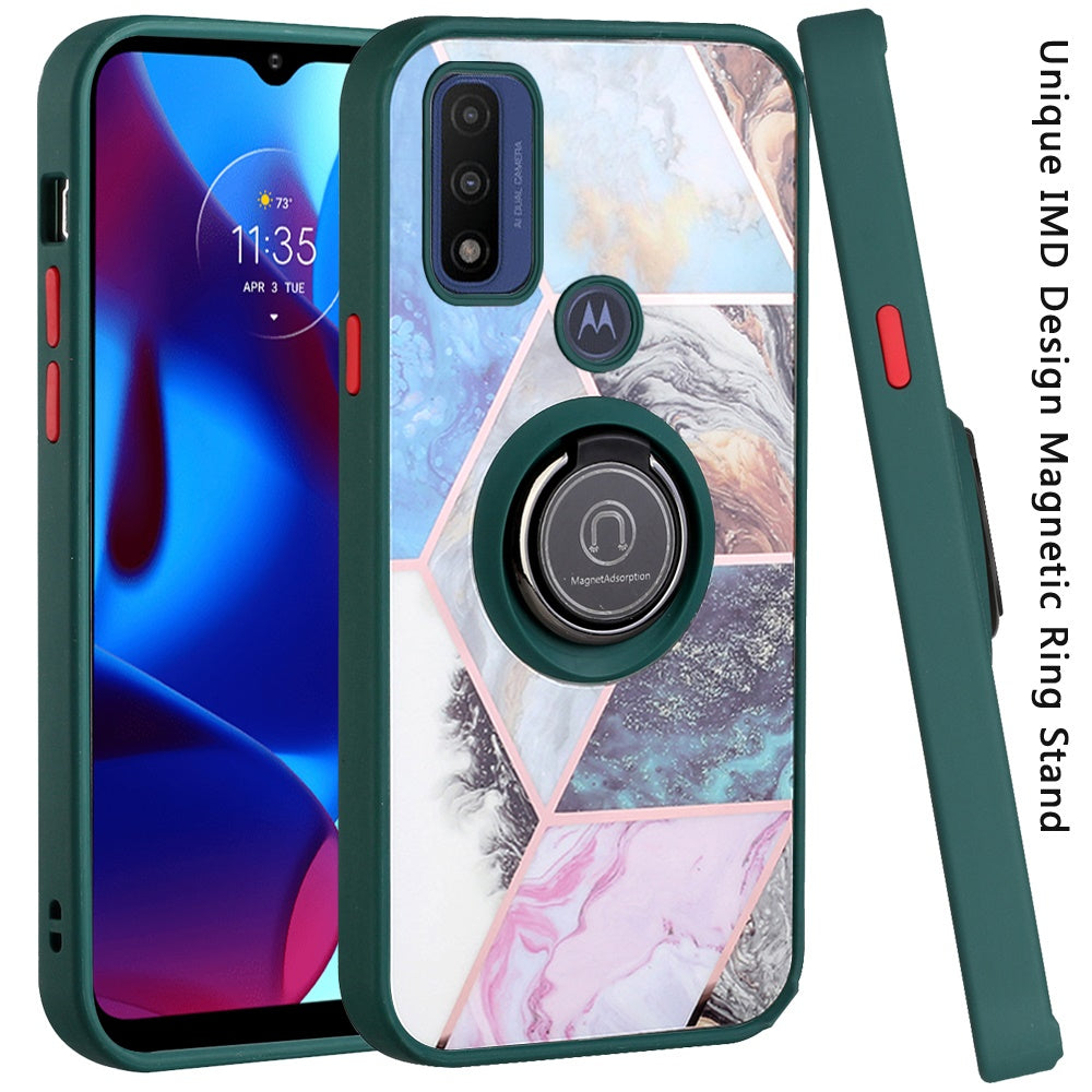 For Motorola Moto G Power 2022 Unique Marble Design with Magnetic Ring Kickstand Holder Hybrid TPU Hard Shockproof Armor  Phone Case Cover