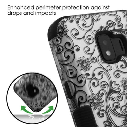 For Samsung Galaxy J2 /J2 Core/J2 Dash/J2 Pure Hybrid Three Layer Hard PC Shockproof Heavy Duty TPU Rubber Anti-Drop Black Lace Flowers Phone Case Cover