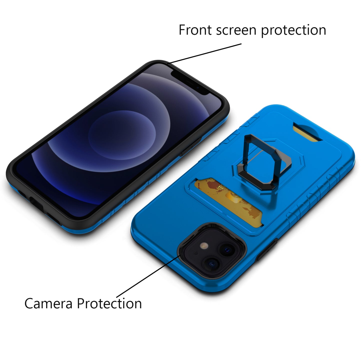 For Samsung Galaxy A02S Wallet Case Designed with Credit Card Holder & Ring Stand Kickstand Heavy Duty Hybrid Armor Blue Phone Case Cover