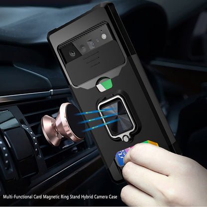 For Google Pixel 6 /6 Pro Wallet Case with Ring Stand & Slide Camera Cover Credit Card Holder, Military Grade Hard Shockproof Protective  Phone Case Cover