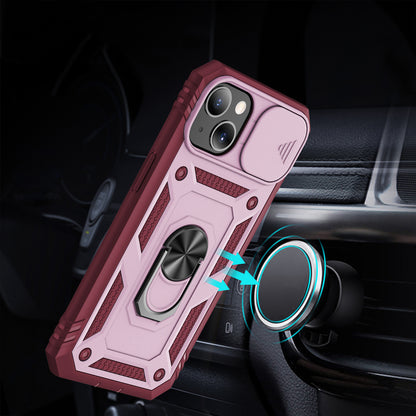 For Apple iPhone 14 (6.1") Hybrid Built-in 360° Rotate Magnetic Ring Stand with Camera Protection Heavy Duty Shockproof Pink Red Phone Case Cover