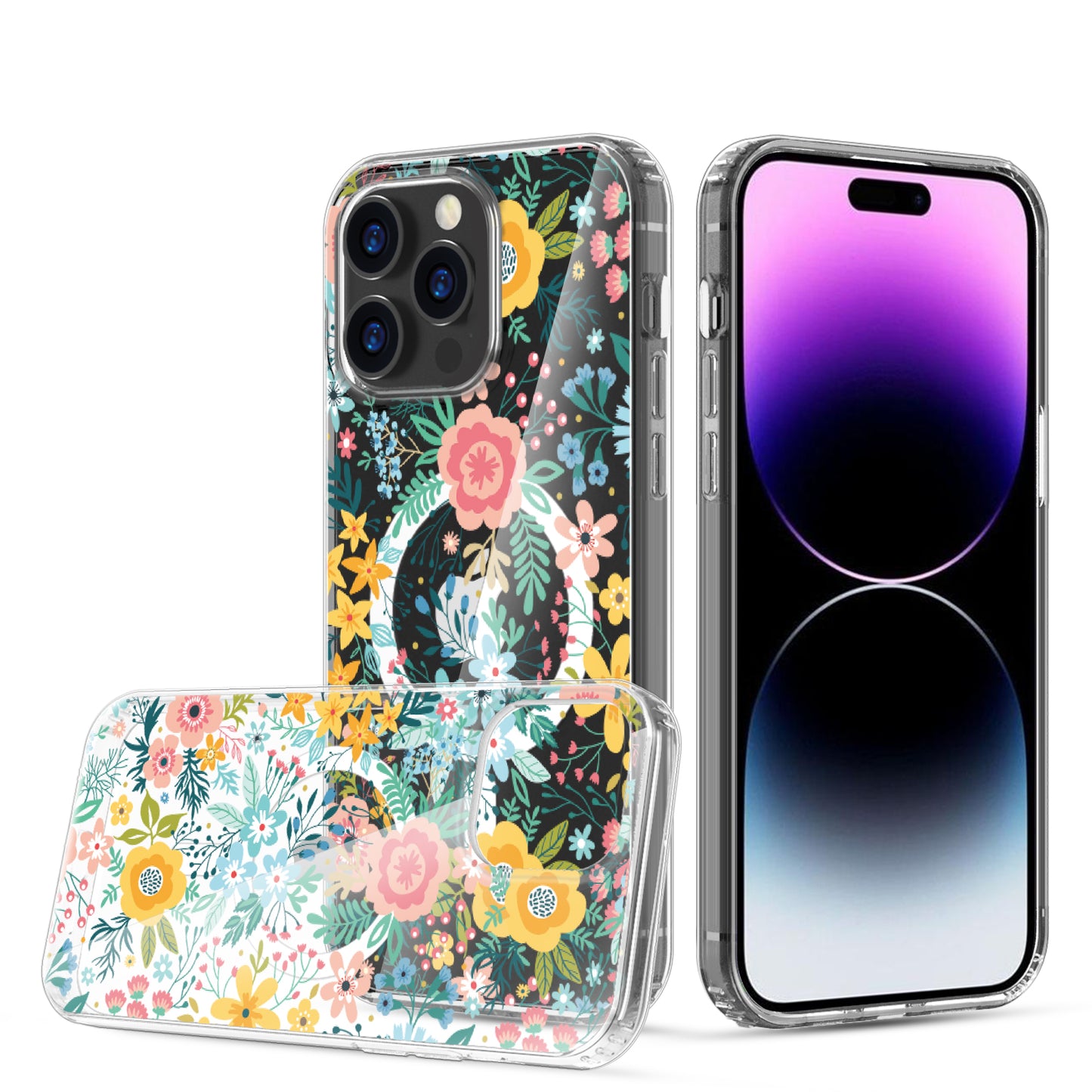 For Apple iPhone 14 /Plus Pro Max Clear Flower Pattern Design Compatible with MagSafe & Wireless Charging  Phone Case Cover