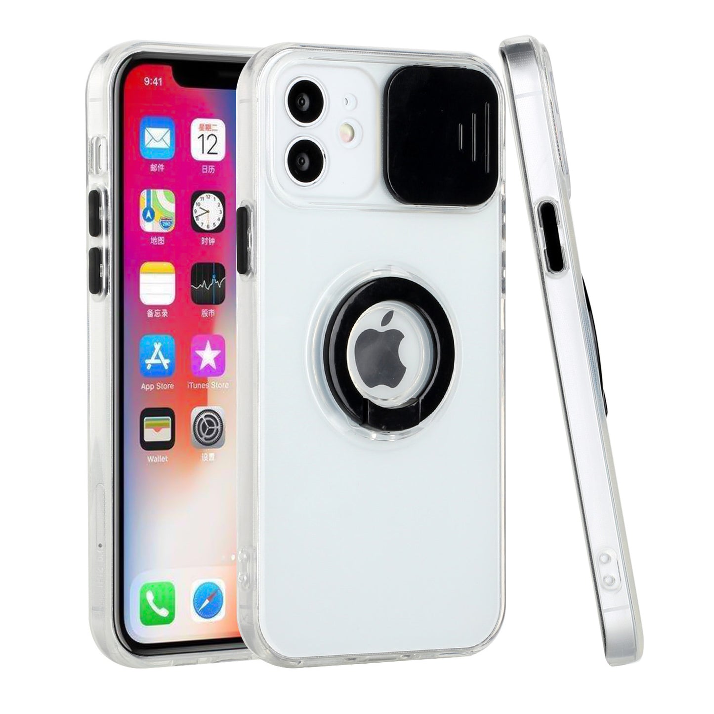 For Apple iPhone 13 Pro (6.1") Transparent Cases with Ring Stand & Camera Window, Slide Lens Protection Hybrid Shockproof  Phone Case Cover