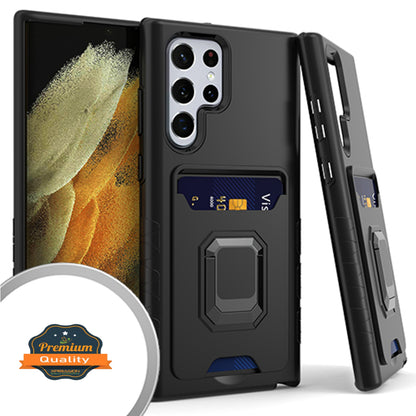 For Samsung Galaxy S22 /Plus Ultra Wallet Credit Card Slot Holder Metal Ring Kickstand Heavy Duty Shockproof Hybrid Dual Layer  Phone Case Cover