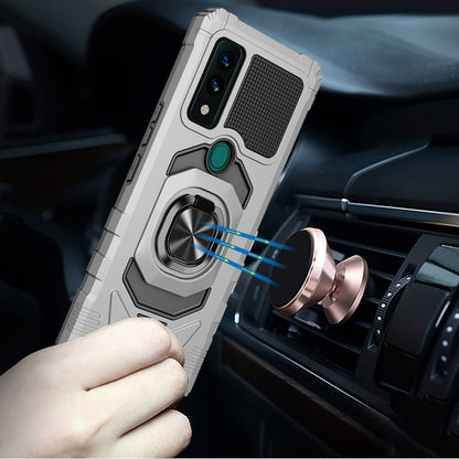 For AT&T Maestro 3 Hybrid Dual Layer with 360° Rotate Magnetic Ring Stand Holder Kickstand TPU Rugged PC Shockproof Silver Phone Case Cover