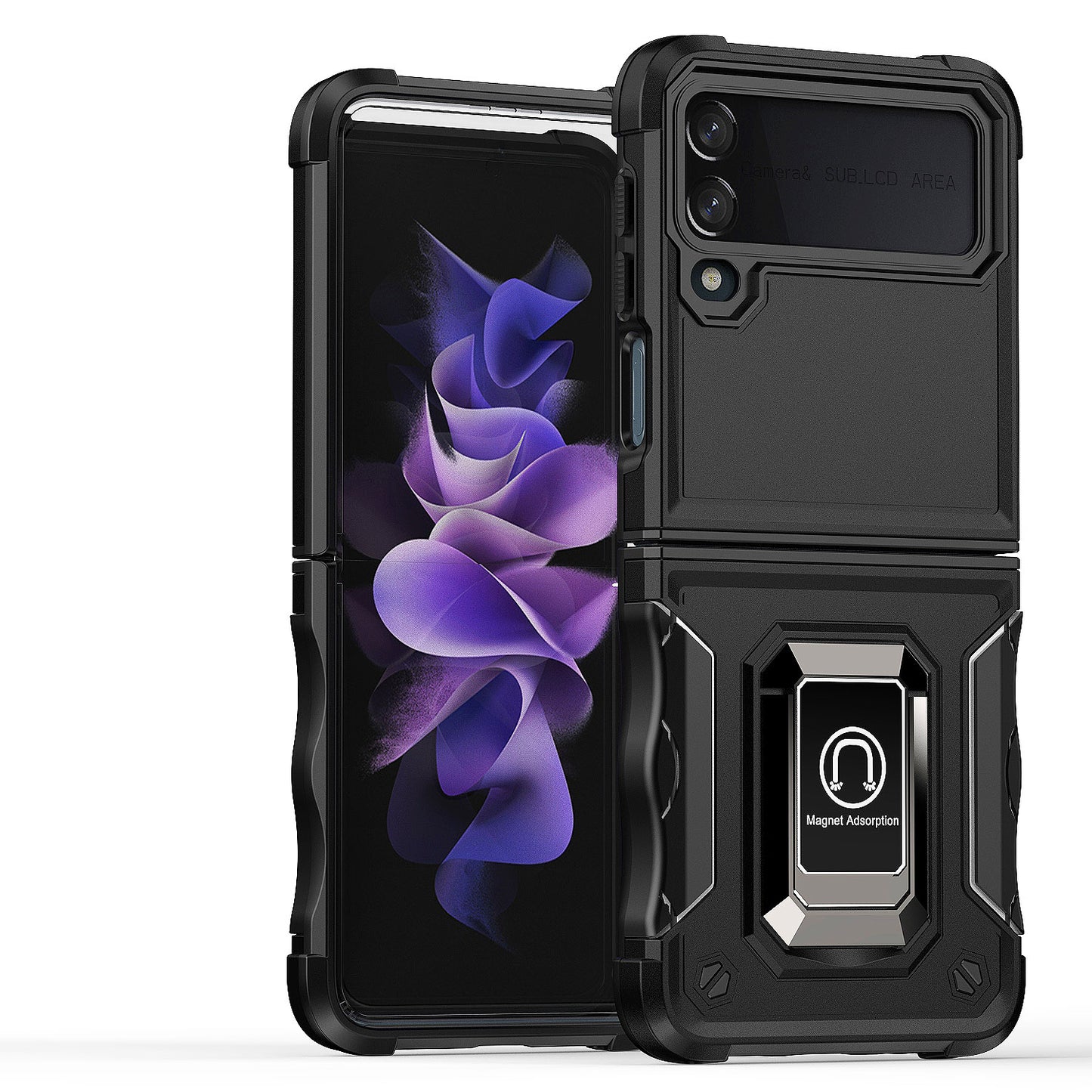 For Samsung Galaxy Z Flip 4 5G Hybrid Cases with Magnetic Ring Holder Kickstand Heavy Duty Rugged Silicone Shockproof  Phone Case Cover