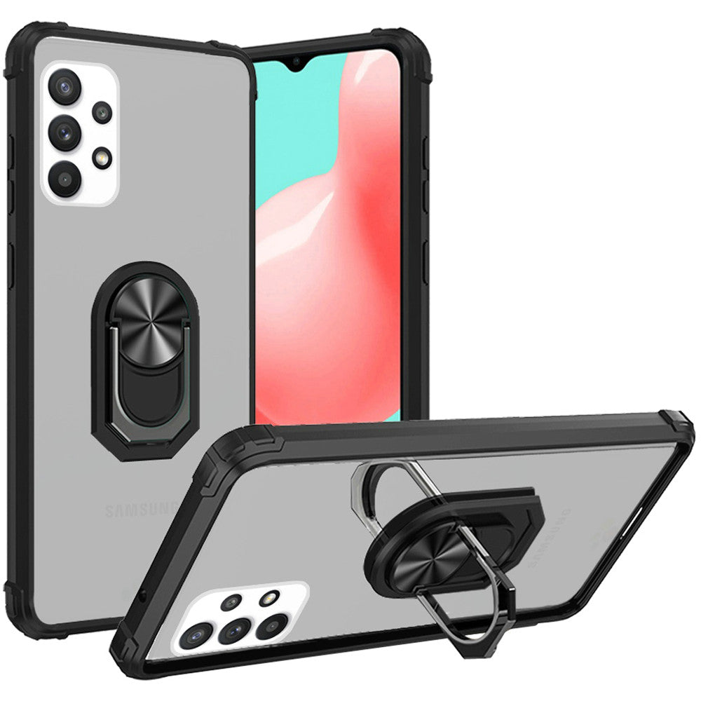 For Samsung Galaxy A02S Clear Silicone Shockproof Tuff Hybrid Protection Cover Transparent TPU with Magnetic Ring Kickstand Black Phone Case Cover