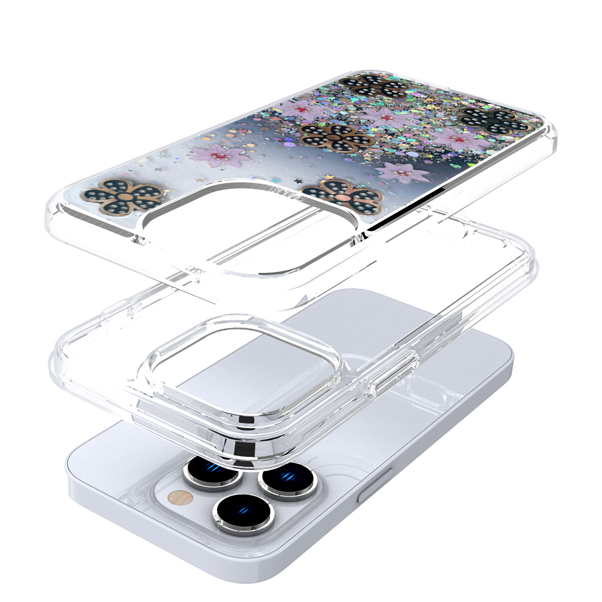 For Samsung Galaxy S22 Ultra Floral Stylish Design Glitter Shiny Hybrid Rubber TPU Hard PC Shockproof Armor Slim Fit  Phone Case Cover