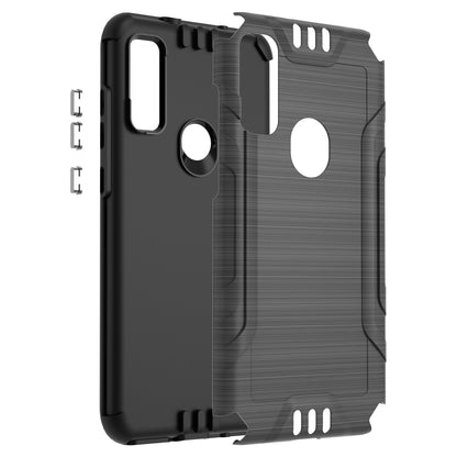 For AT&T Maestro 3 Hybrid Dual Layer Slim Metallic Brush Texture Hard PC TPU Rubber with Screen Protector Tempered Glass  Phone Case Cover