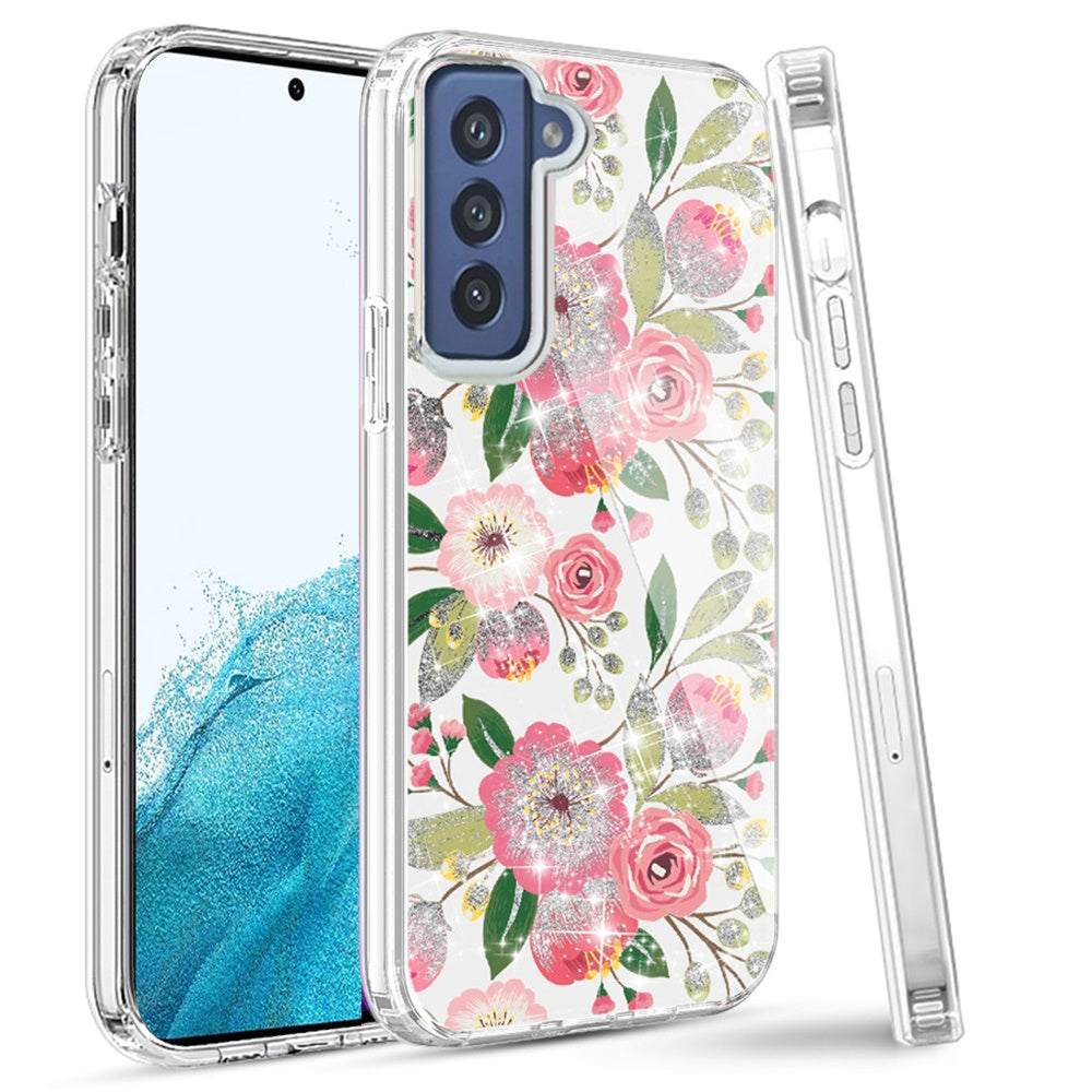 For Samsung Galaxy S22+ Plus Beautiful Laser Clear Bling Glitter Design Pattern Hybrid Gummy Hard PC and TPU Shockproof  Phone Case Cover