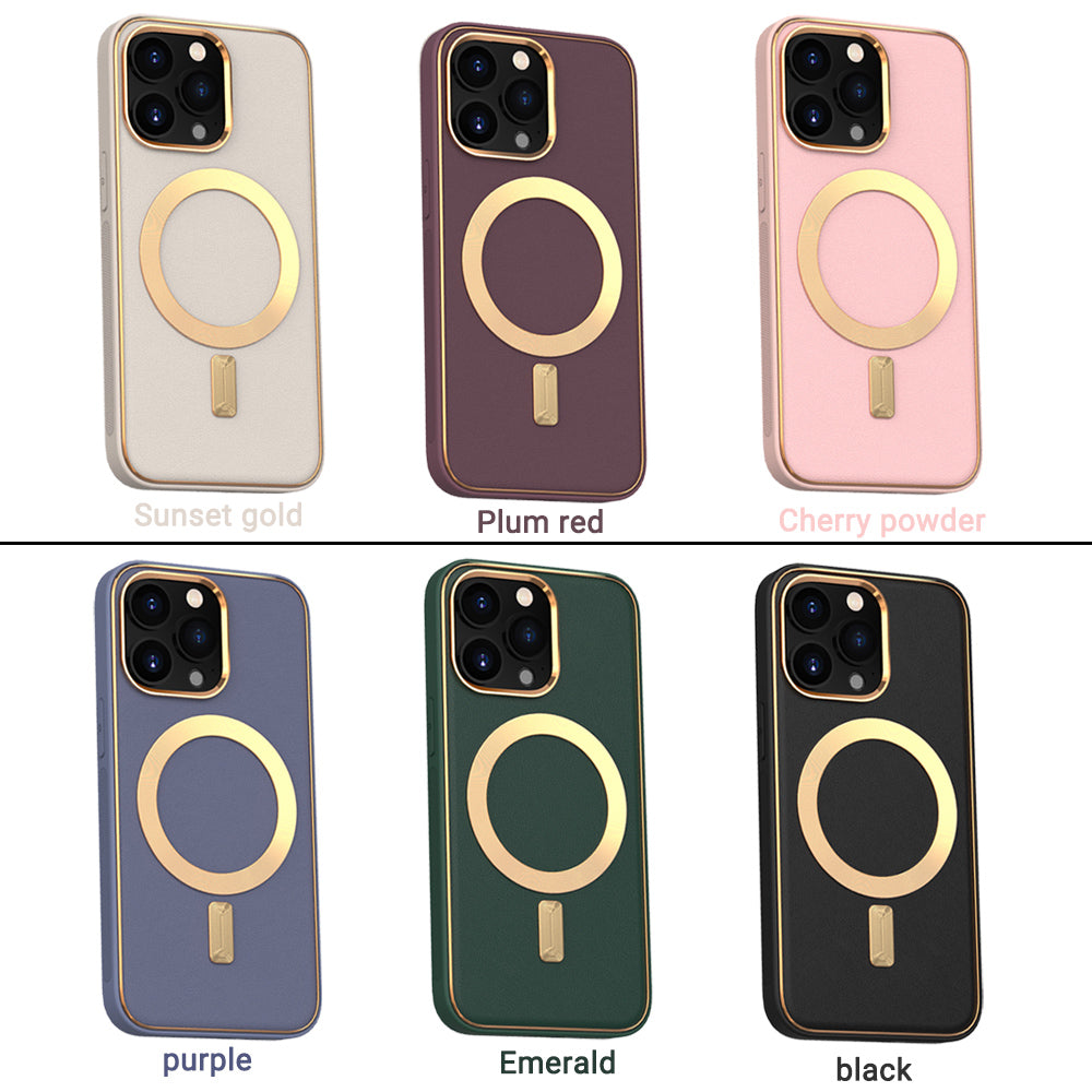 For Apple iPhone 14 /Plus Pro Max PU Leather MagSafe Compatible with Gold Trim & Raised Camera Protection Hybrid  Phone Case Cover