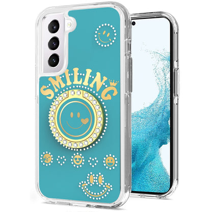 For Samsung Galaxy S22 /Plus Ultra Smiling Glitter Ornament Bling Sparkle with Ring Stand Hybrid Slim TPU + Hard Back Shell  Phone Case Cover