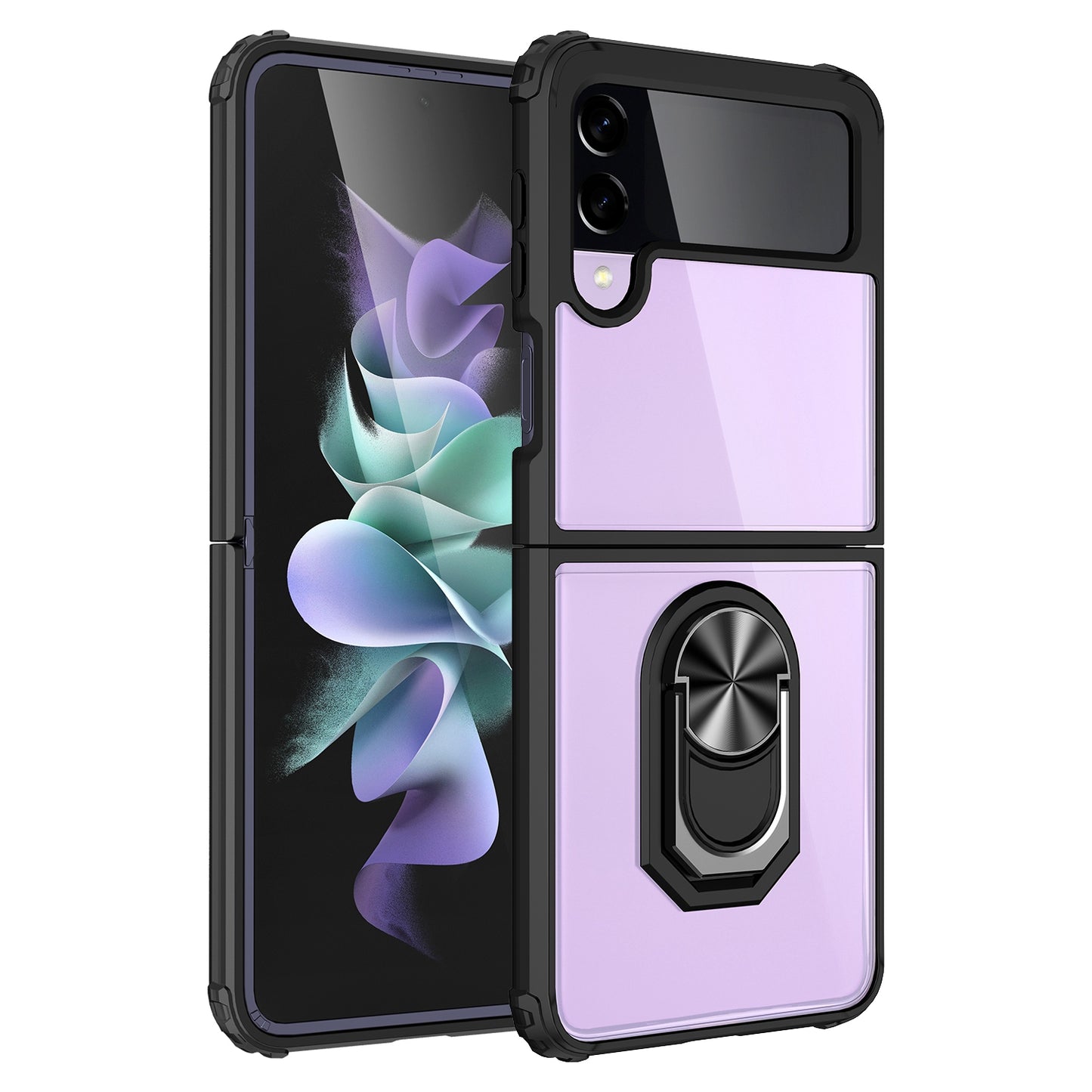 For Samsung Galaxy Z Flip 3 5G Ring Holder Case Heavy Duty Rubber Bumper Non-Slip Grip Magnetic Kicstand Clear Slim Protection  Phone Case Cover