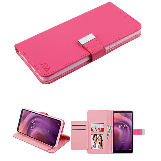 For Alcatel 3V 5032w (2019) PU Leather Wallet with Credit Card Holder Storage Folio Flip Pouch Stand Hot Pink Phone Case Cover