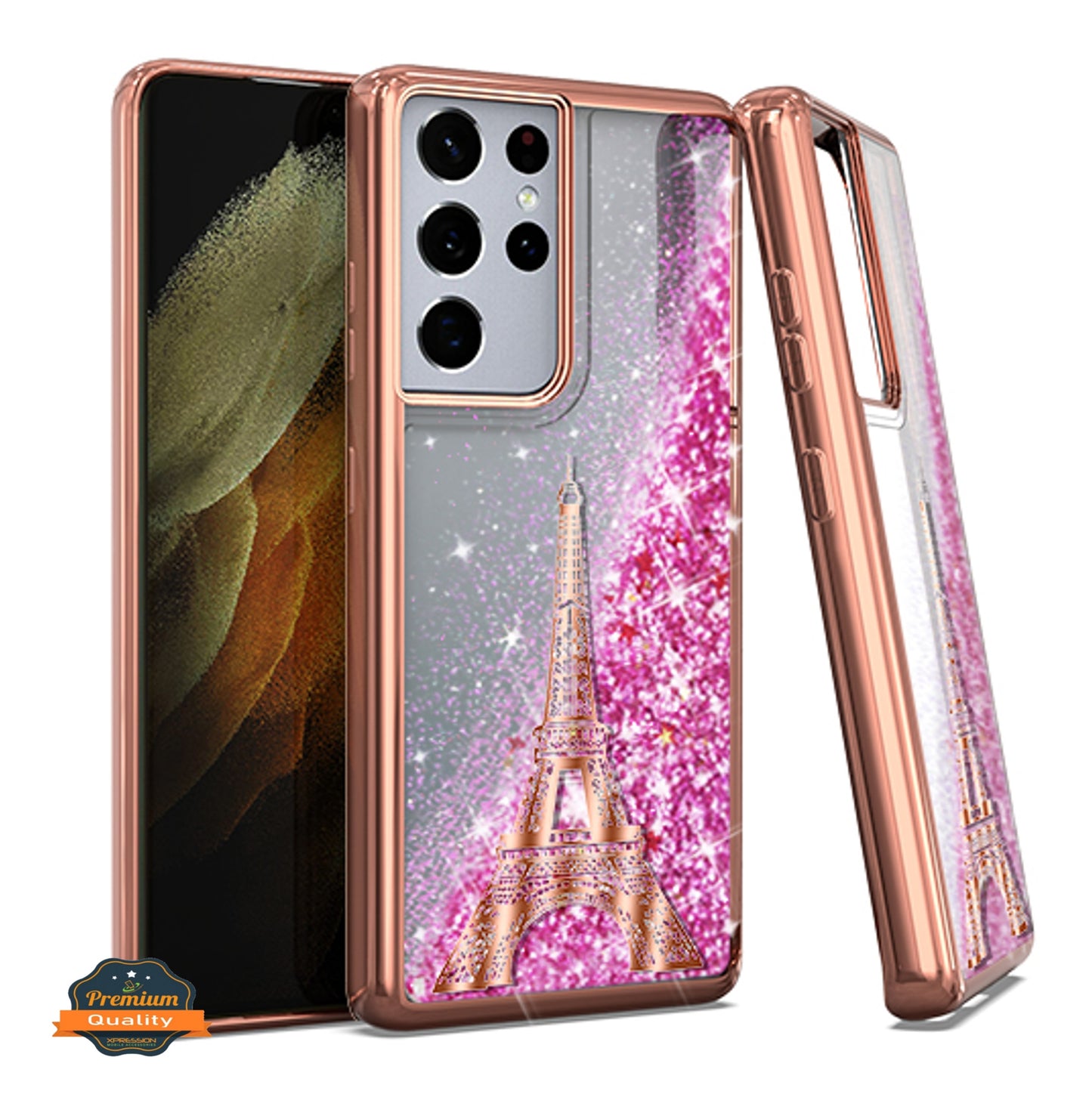 For Motorola Edge+ 2022 /Edge Plus Quicksand Liquid Glitter Bling Flowing Fashion Hybrid Rubber Chrome Plating Hard Paris Eiffel Tower Phone Case Cover