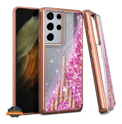 For Motorola Edge+ 2022 /Edge Plus Quicksand Liquid Glitter Bling Flowing Fashion Hybrid Rubber Chrome Plating Hard Paris Eiffel Tower Phone Case Cover