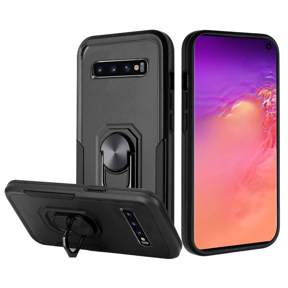 For Samsung Galaxy S10+ Plus Hybrid Tough Strong Dual Layer Hard PC TPU with Flat Magnetic Ring Stand Heavy-Duty Armor Black Phone Case Cover