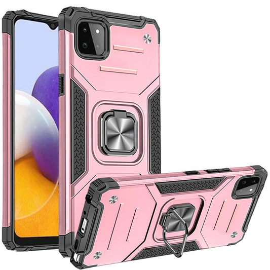 For Boost Mobile Celero 5G Armor Hybrid with Ring Holder Kickstand Shockproof Heavy-Duty Durable Rugged Dual Layer Hard PC Rose Gold Phone Case Cover