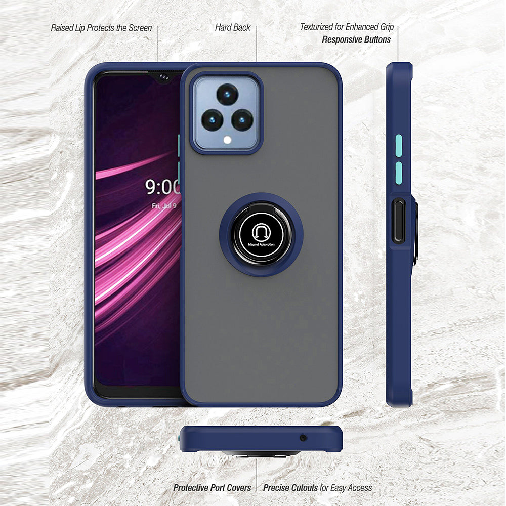 For T-Mobile Revvl 6 5G Hybrid Frosted Matte Hard Back PC + TPU Frame with Magnetic Ring Holder Stand Kickstand Black Phone Case Cover