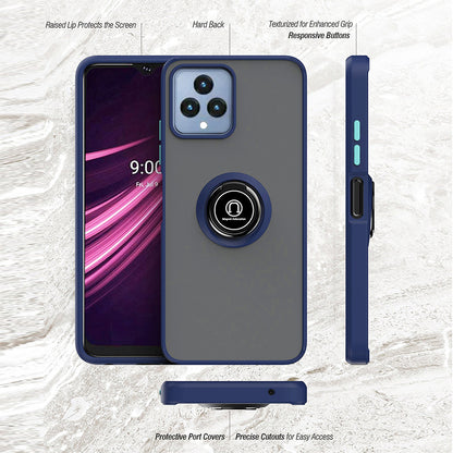 For T-Mobile Revvl 6 5G Hybrid Frosted Matte Hard Back PC + TPU Frame with Magnetic Ring Holder Stand Kickstand Black Phone Case Cover