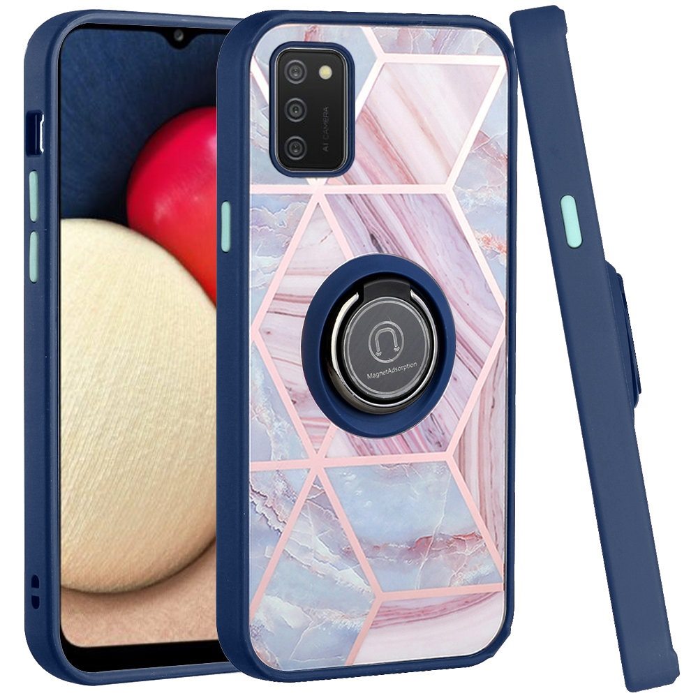 For Samsung Galaxy A02S Unique Marble Design with Magnetic Ring Kickstand Holder Hybrid TPU Hard PC Armor Shockproof  Phone Case Cover