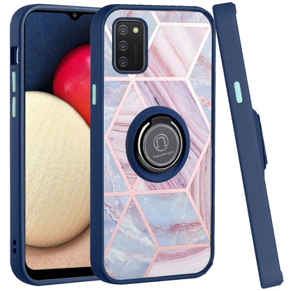 For Samsung Galaxy A02S Unique Marble Design with Magnetic Ring Kickstand Holder Hybrid TPU Hard PC Armor Shockproof  Phone Case Cover