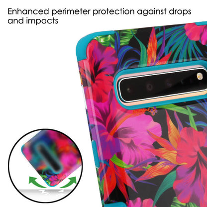 For Samsung Galaxy S10 5G (6.7") Hybrid Three Layer Hard PC Shockproof Heavy Duty TPU Rubber Anti-Drop Hibiscus Tropical Flowers Phone Case Cover