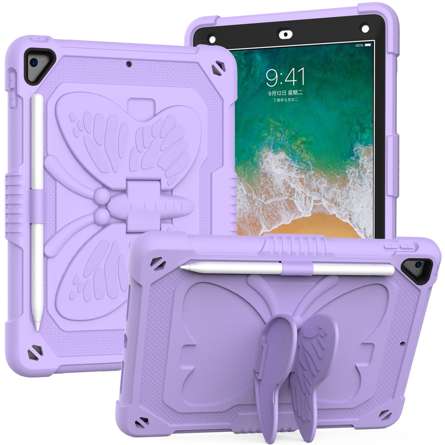 Case for Apple iPad Air 4 / iPad Air 5 / iPad Pro (11 inch) Butterfly Wings Kickstand 3in1 Tough Hybrid with Pencil Holder Heavy Duty Rugged Shockproof Full Protective Purple Tablet Cover