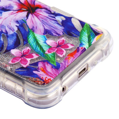 For Samsung Galaxy J7 2018/J7 Star/J7 V 2nd Gen/ J7 Refine Flower Quicksand Liquid Glitter Bling Hybrid Image Flowing Sparkle Watercolor Hibiscus Phone Case Cover