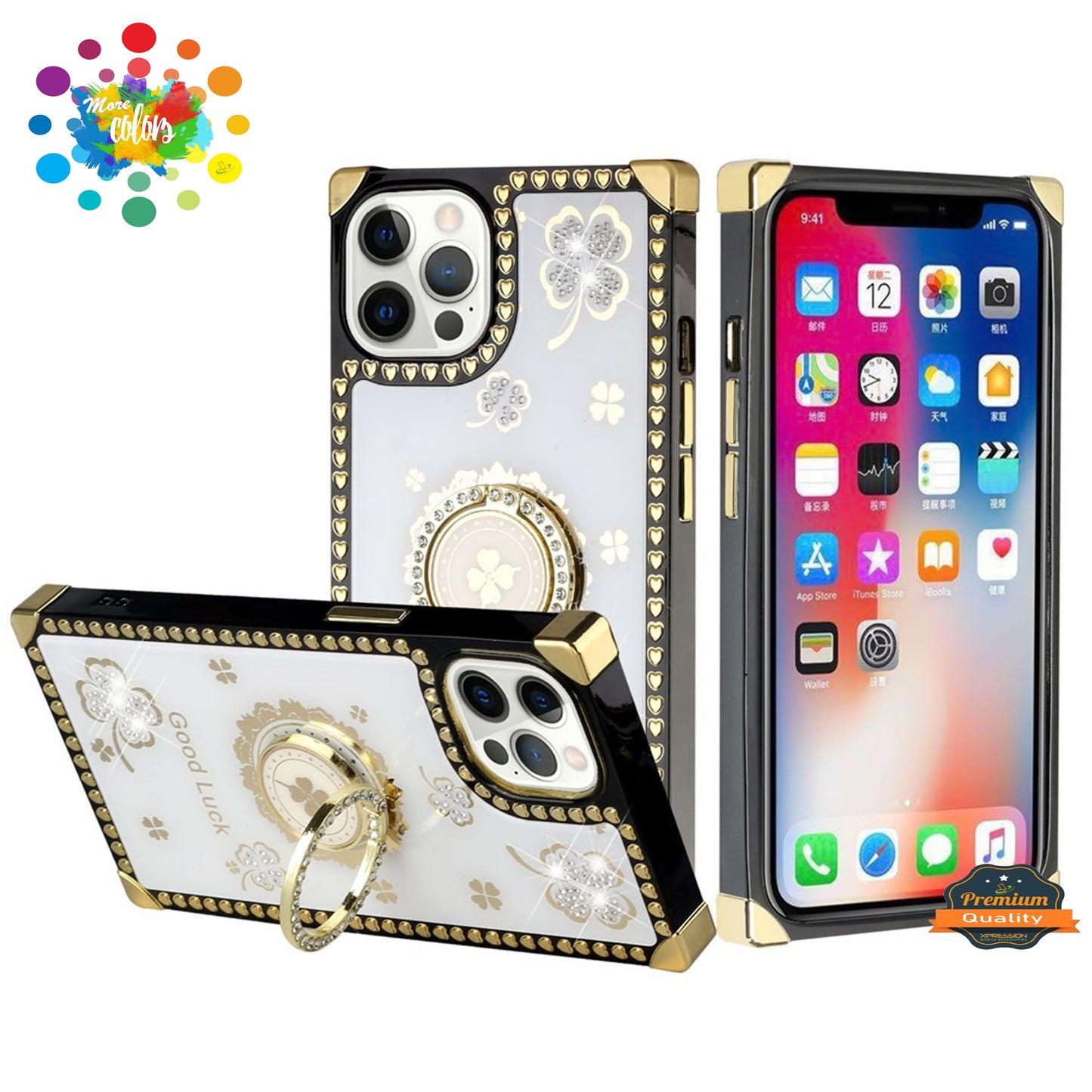 For Apple iPhone 13 Pro Max (6.7") Fashion Square Hearts Diamond Bling Sparkly Glitter Ornaments with Ring Stand  Phone Case Cover