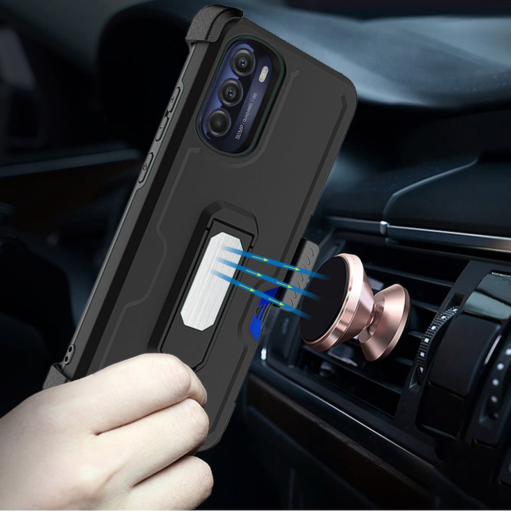 For Motorola Moto G Stylus 5G 2022 Armor Belt Clip with Credit Card Holder, Holster, Kickstand Protective Heavy Duty Hybrid  Phone Case Cover