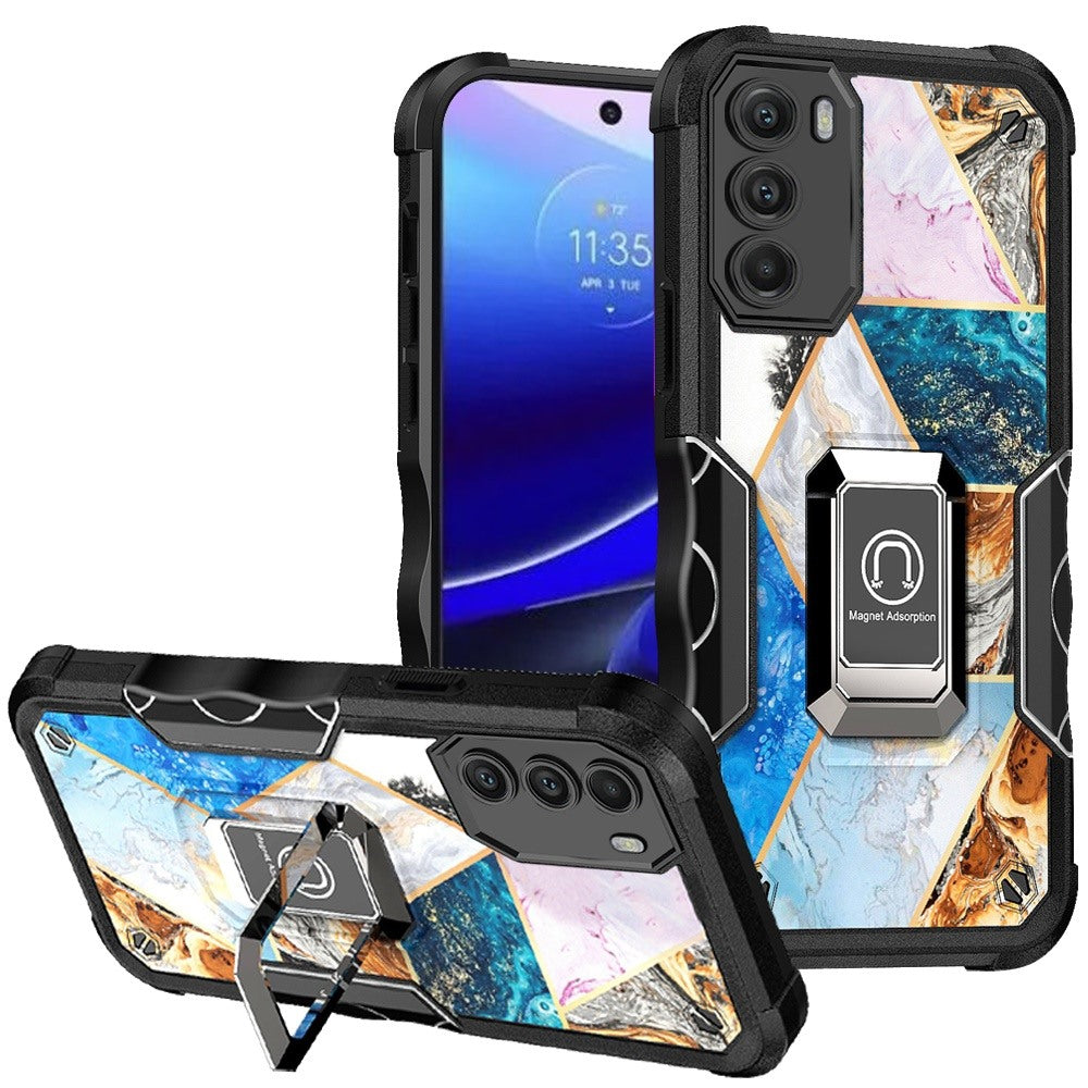 For Motorola Moto G Stylus 5G 2022 Marble IMD Design Hybrid Magnetic Ring Stand Kickstand Heavy Duty Shockproof  Phone Case Cover