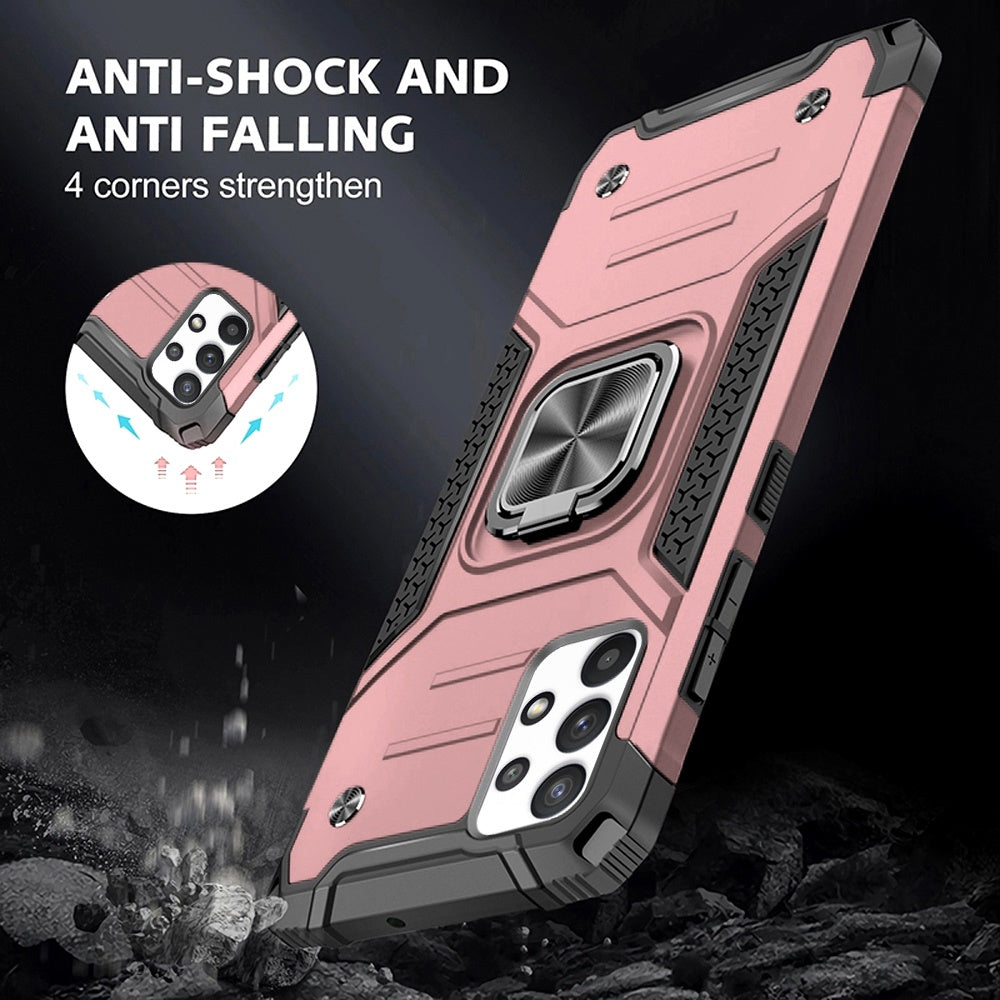 For Samsung Galaxy A22 5G Armor Hybrid with Ring Holder Kickstand Shockproof Heavy-Duty Durable Rugged Dual Layer Hard PC Rose Gold Phone Case Cover