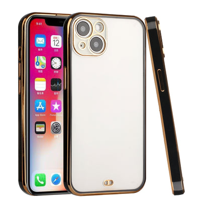 For Apple iPhone 13 (6.1") Slim Hybrid Gold Plated Chrome Transparent Rubber Gummy Hard PC Thick TPU Protective  Phone Case Cover