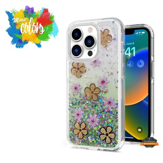 For Apple iPhone 13 Pro Max (6.7") Floral Stylish Design Glitter Shiny Hybrid Rubber TPU Hard PC Shockproof Slim Fit  Phone Case Cover