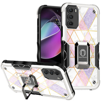 For Motorola Moto G 5G 2022 Marble IMD Design Hybrid Armor with Magnetic Ring Stand Kickstand Heavy Duty Shockproof  Phone Case Cover