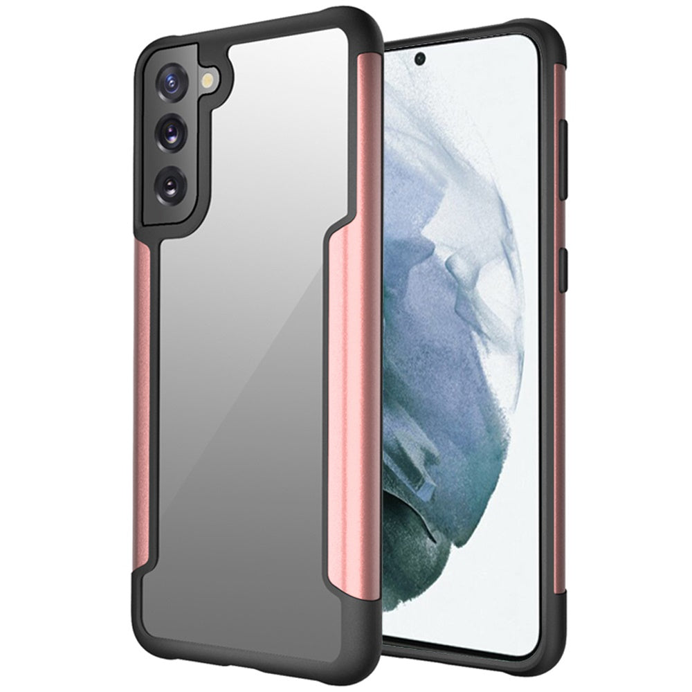 For Samsung Galaxy S22 Ultra Hybrid Aluminum Alloy Metal Clear Transparent Back PC TPU Bumper Frame Armor Shockproof Rose Gold Phone Case Cover
