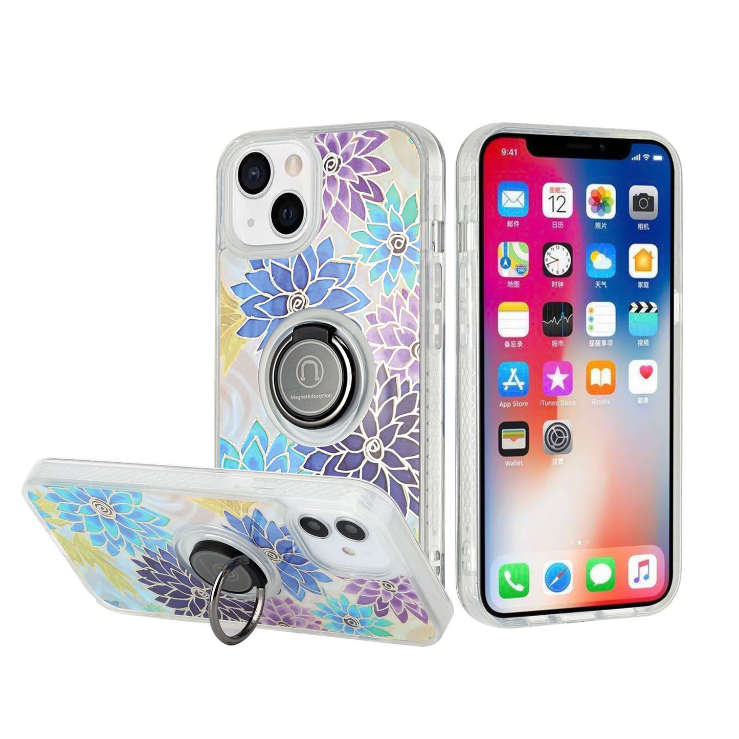 For Apple iPhone 11 (6.1") Flower Pattern IMD Design with Ring Kickstand Hybrid TPU Hard Back Shockproof  Phone Case Cover