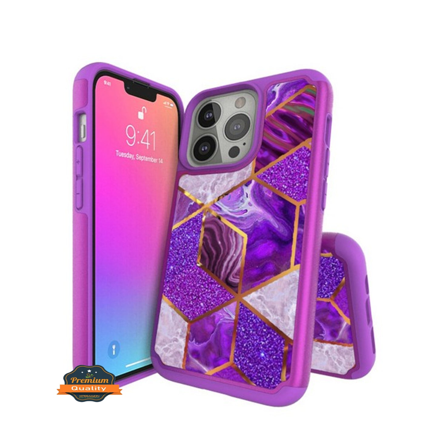 For Apple iPhone 13 Pro Max (6.7") Pattern Design Slim Hybrid Grid Bumper Rubber Soft TPU & Hard Back PC Protective  Phone Case Cover