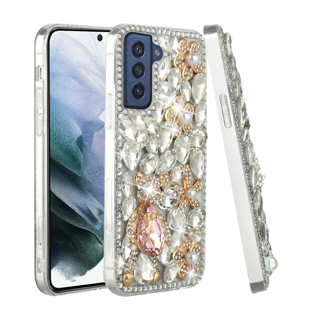 For Samsung Galaxy S22 Bling Clear Crystal 3D Full Diamonds Luxury Sparkle Rhinestone Hybrid TPU Protective Silver Panda Floral Phone Case Cover