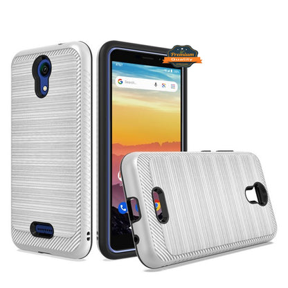 For AT&T Calypso Brushed Metal Texture Hybrid Dual Layer Defender TPU PC Rugged Shockproof Armor Carbon Fiber Design  Phone Case Cover