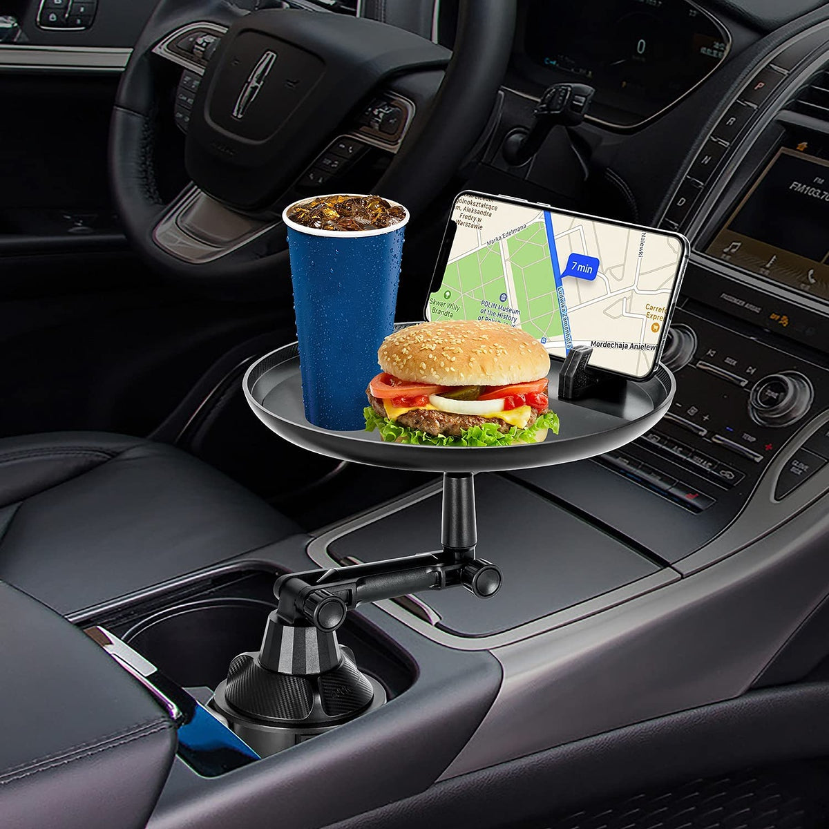For Universal Cup Holder Tray Adjustable Rotatable 360° Swivel Arm with 9" Tray Surface and Phone Slot Fits Vehicle, Boats, Car, SUV,Truck Black Phone Case Cover