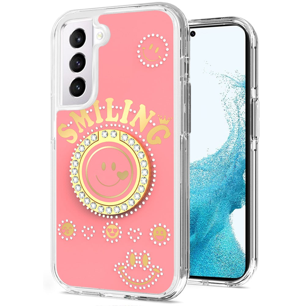 For Samsung Galaxy S22 /Plus Ultra Smiling Glitter Ornament Bling Sparkle with Ring Stand Hybrid Slim TPU + Hard Back Shell  Phone Case Cover