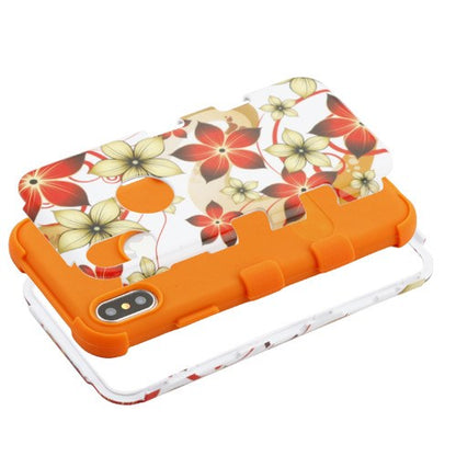 For Apple iPhone XS/X Hybrid Three Layer Hard PC Shockproof Heavy Duty TPU Rubber Anti-Drop Hibiscus Flower Orange Phone Case Cover