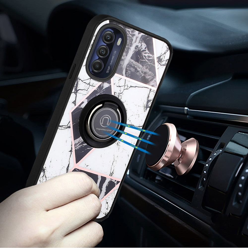 For Motorola Moto G 5G 2022 Marble Design with Magnetic Ring Kickstand Holder Hybrid TPU Hard PC Shockproof Armor Classy Black Phone Case Cover