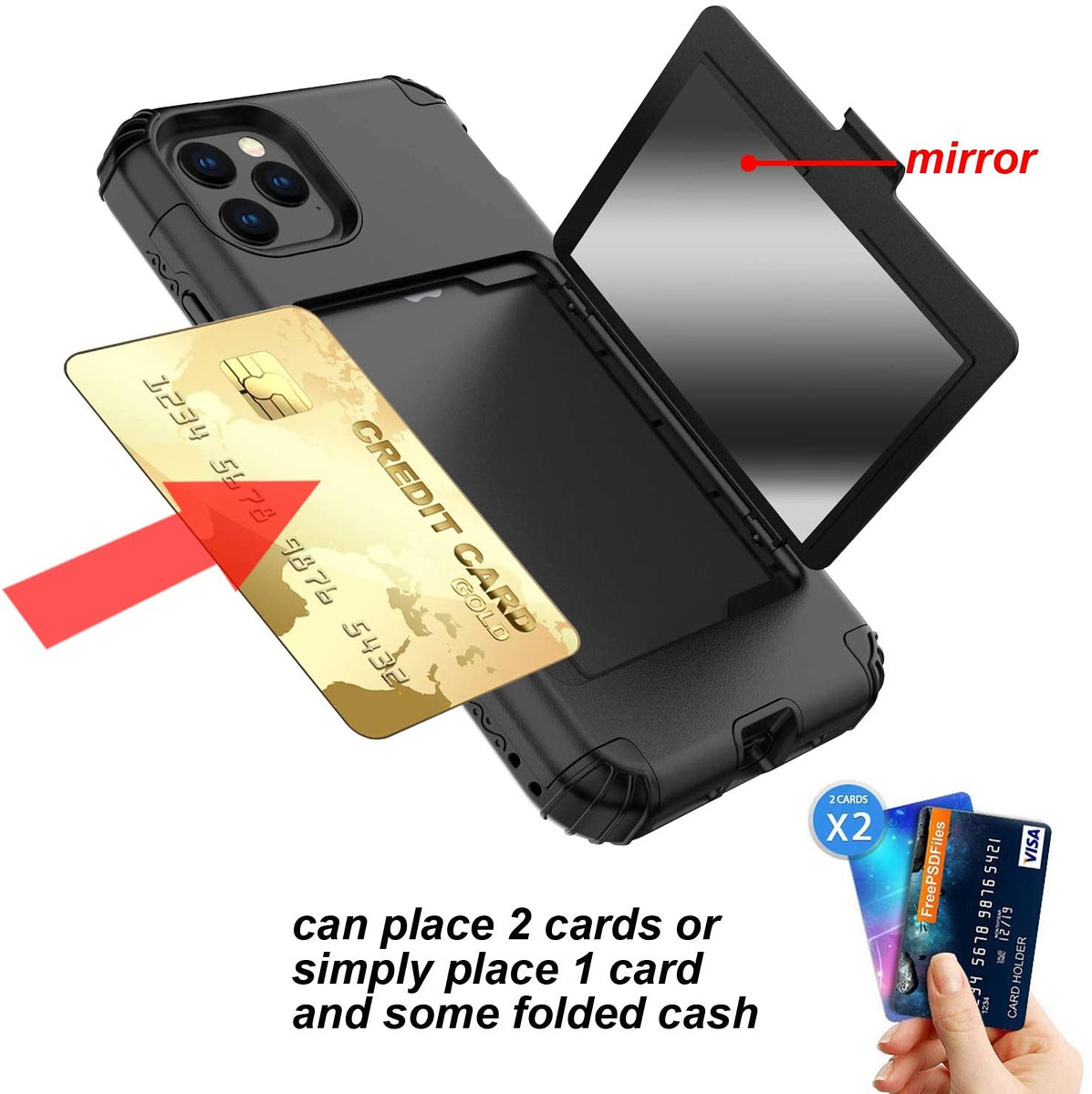 For Apple iPhone 12 /Pro Max Wallet Design with Credit Card Holder, Hidden Back Mirror Stand Heavy Duty Hybrid Shockproof  Phone Case Cover