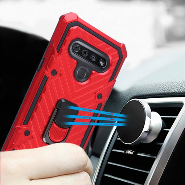 For LG K51 / Reflect Rugged Shockproof Hybrid Armor with Finger Ring Stand Holder Red Phone Case Cover