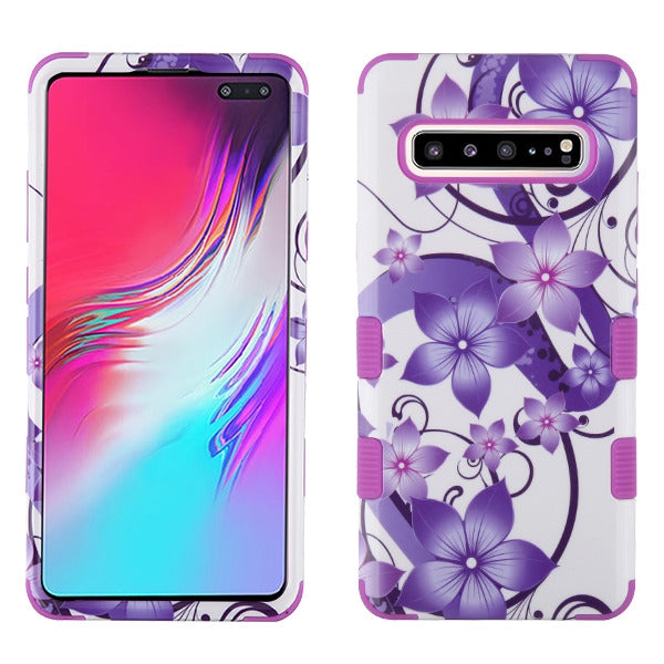 For Samsung Galaxy S10 5G (6.7") Hybrid Three Layer Hard PC Shockproof Heavy Duty TPU Rubber Anti-Drop Purple Hibiscus Phone Case Cover